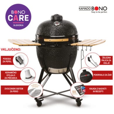 kamado bono ceramic grill black on the white background with accessories bono care